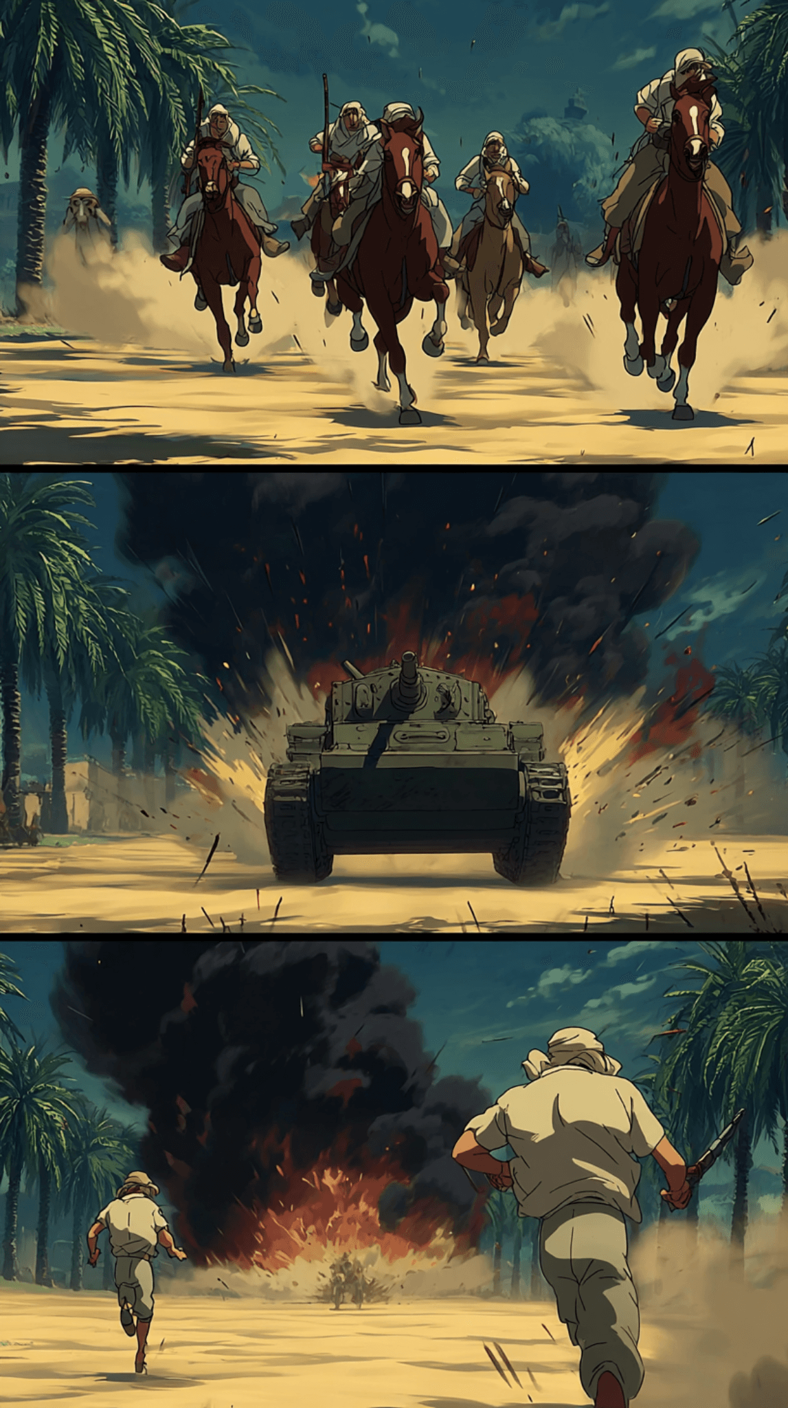 Three-panel AI-illustrated desert battle sequence