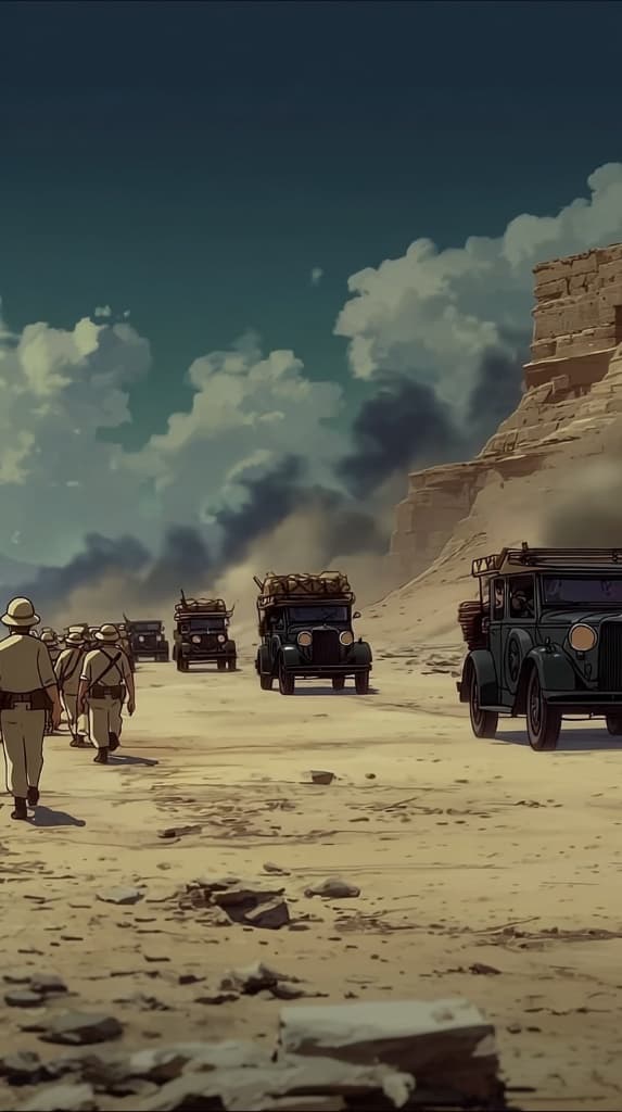 AI-illustrated military convoy crossing the desert