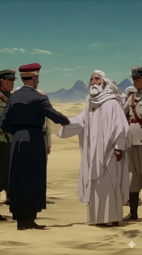 AI-illustrated historical meeting in the Libyan desert